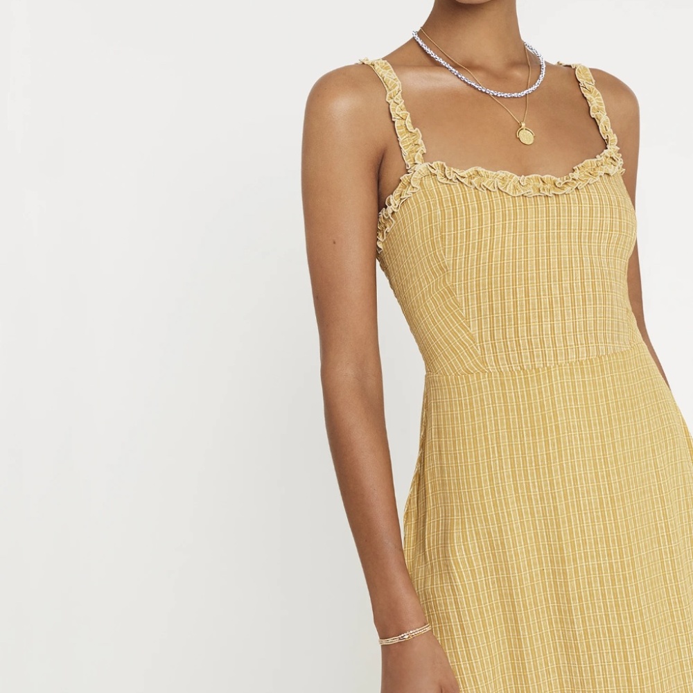 Faithfull The Brand Yellow Orange Printed Plaid Full-Length Midi-Dress. Size S.